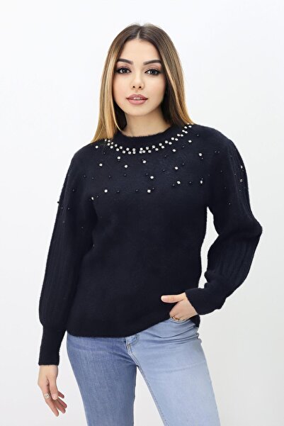 Piedra Women's Crew Neck Black Rhinestone Soft Texture Bearded Sweater