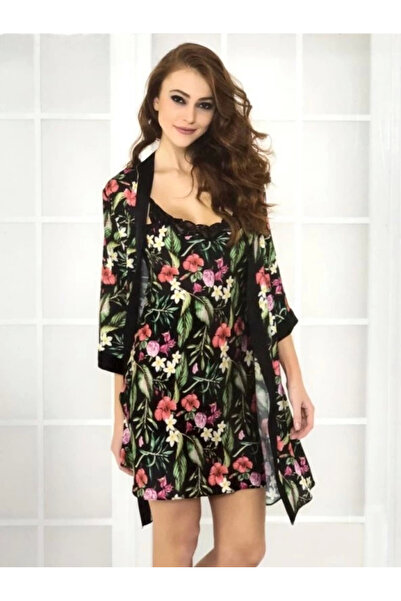 Pierre Cardin 4460 Desenli Gecelik Sabahlık Takım Siyah