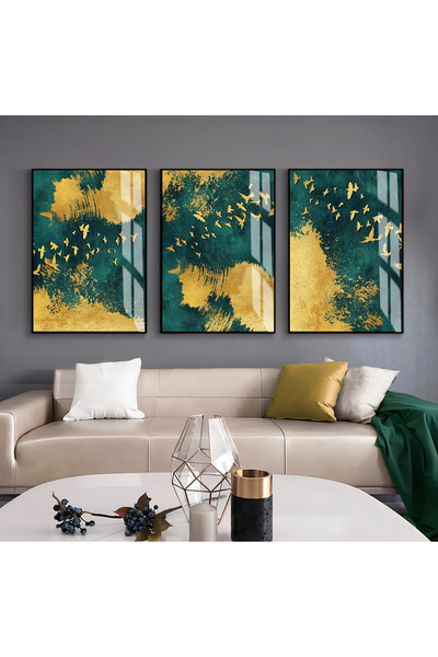 Harika bir ev MARVELOUS GREEN-GOLD BIRDS COMBINATION FRAMED GLASS TABLE 3-PIE...