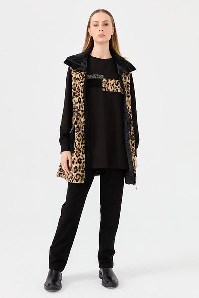 Esswaap Black Leopard Print Fur Vest and Three Pants Set