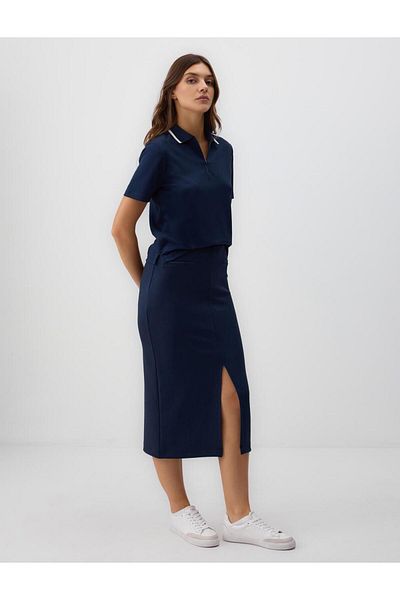 Jimmy Key Navy Blue High Waist Straight Cut Knitted Midi Skirt