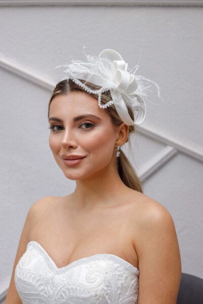 Turkuaz Gelin Saç Aksesuarı/Düğün Nikah İnci Tüy Beyaz Gelin Taç