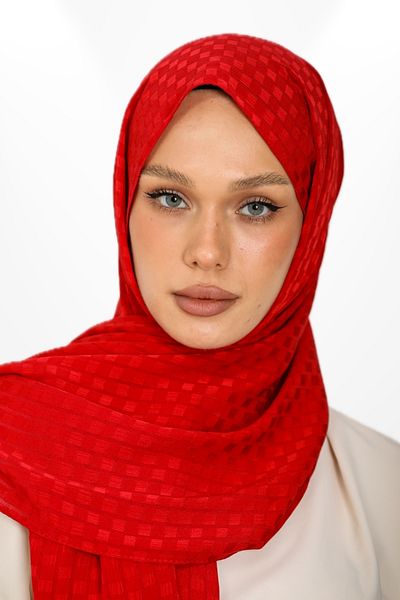 hijabchi Red Imported Jacquard Crepe Evening Dress - Square Detail Special Occasion Shawl - New Collections