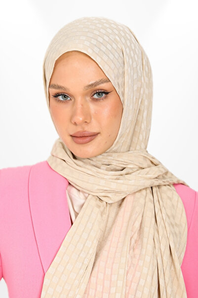 hijabchi Beige Jacquard Crepe Evening Dress - Square Detail Special Occasion Shawl, New Collections - New Creation