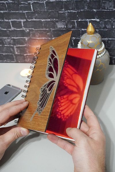 markcat Butterfly Themed Lined Notebook with Wooden Cover - Agenda and School Notebook (A5 - 120 Pages)