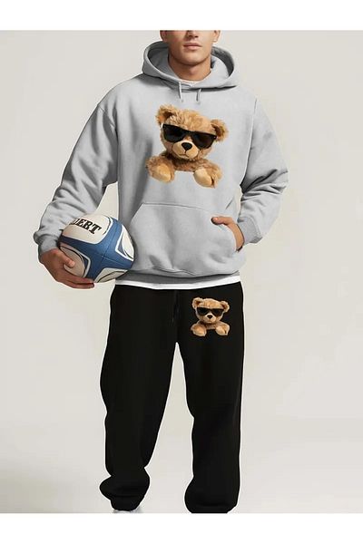 DAXİS Sportwear Company Σετ αθλητική φόρμα για αγόρι με στάμπα αρκουδάκι - Φούτερ με κουκούλα Jogger Sweatpants Bottom Top Set
