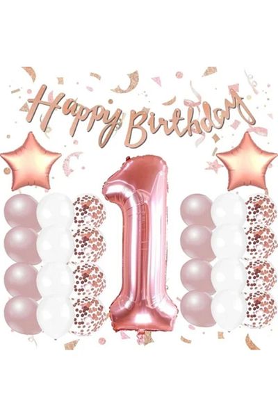 BALON DİYARI Rose Gold 1 Year Birthday Celebration Set; White Gold Confetti Balloon, Number Star Foil and Banner