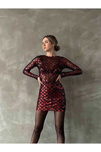 Semesia Set de top cu paiete cu paiete negru roșu