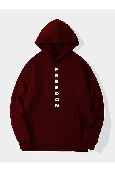 SOFTWAY Унисекс суитшърт с качулка от полар и щампа Freedom - бордо