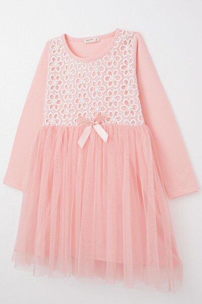 Breeze Kız Çocuk Uzun Elbise Çiçek Güpür Nakışlı 4-8 Yaş, Pembe