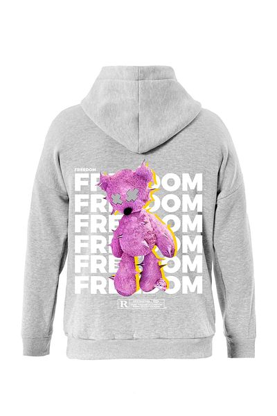 SOFTWAY Unisex Oversize Freedom Printed Fleece Hooded Sweatshirt - Gray