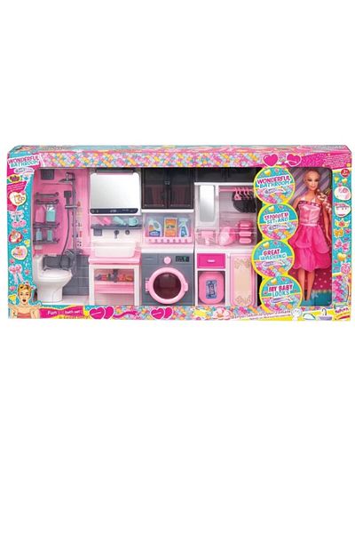 Begin Power Pink Dollhouse Set - Bath and Kitchen Shower with Baby, Educational Toy