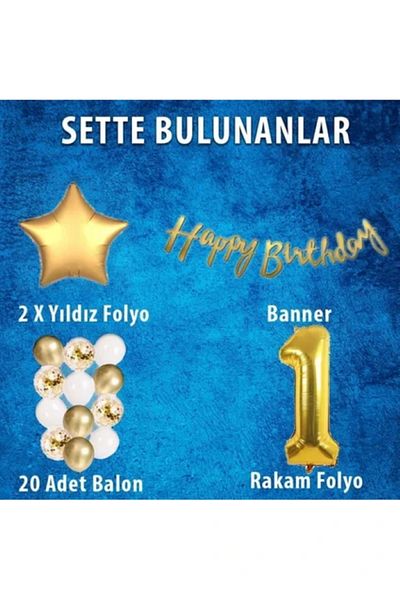 BALON DİYARI Gold Concept 1 Year Old Birthday Celebration Set with Balloon Headband Gift