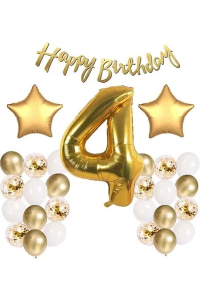 BALON DİYARI Gold Concept 4Th Birthday Celebration Set with Balloon Headband Gift