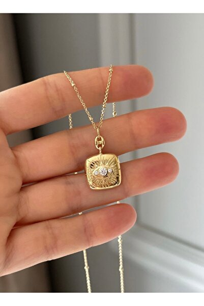 emy by emel luxury silver jewelry Altın Kaplama Taşlı Göz Madalyon Kolye