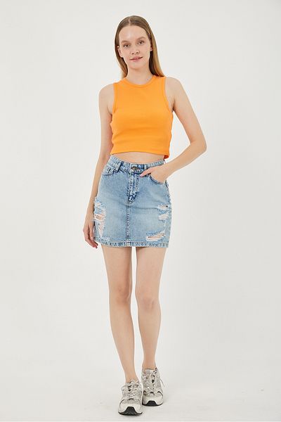 POODLE Fusta de damă cu talie înaltă ruptă, mini blugi, albastru denim
