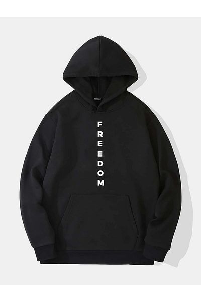 SOFTWAY Unisex Oversize Freedom Printed Fleece Hooded Sweatshirt - Black