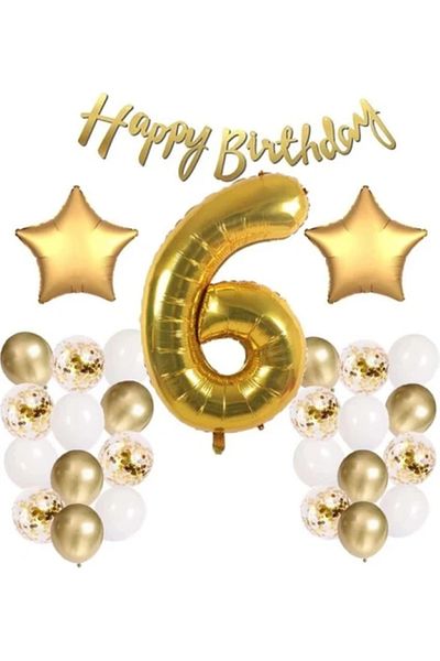 BALON DİYARI Gold Concept 6Th Birthday Celebration Set with Balloon Headband Gift