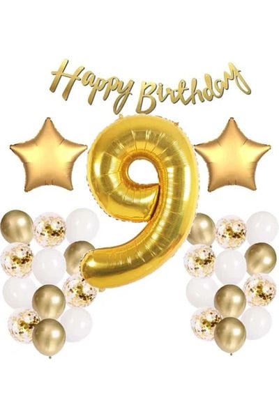 BALON DİYARI Gold Concept 9Th Birthday Celebration Set Balloon Headband