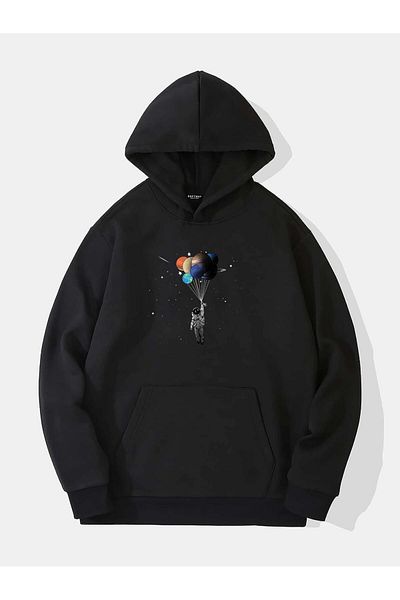 SOFTWAY Unisex Oversize Balloon Astronaut Printed Fleece Hooded Sweatshirt - Black