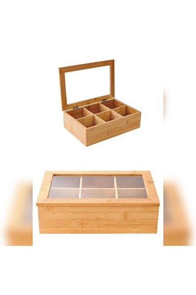 abnturk 6 Bölmeli Ahşap Kapaklı Çay kutusu Bitki Çayı kutusu