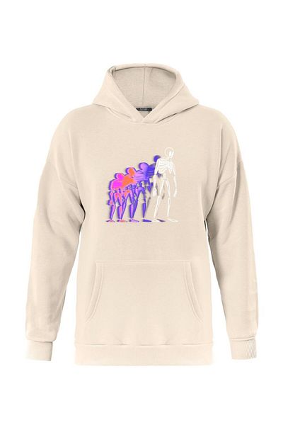 SOFTWAY Unisex Soft Fleece Oversize Hooded Sweatshirt - ΜΠΕΖ, Πολύχρωμο σκελετό με στάμπα