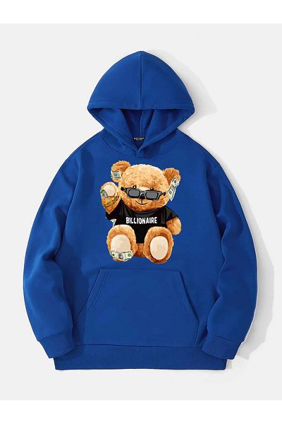 SOFTWAY Unisex Oversize Φούτερ με Κουκούλα από Φλίς με Λογότυπο Billionaire - Σαξ Μπλε