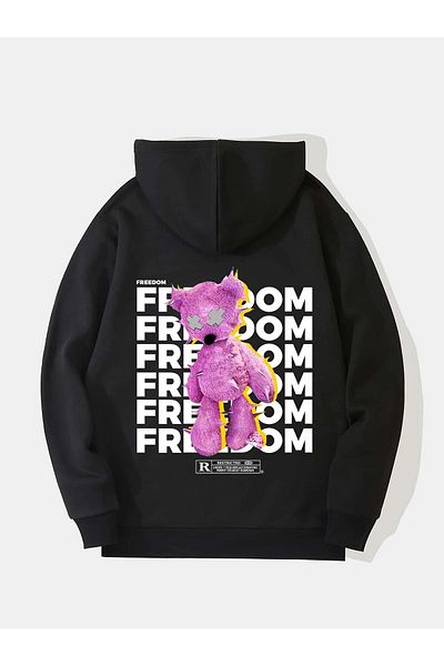 SOFTWAY Unisex Oversize Freedom Printed Fleece Hooded Sweatshirt - Black