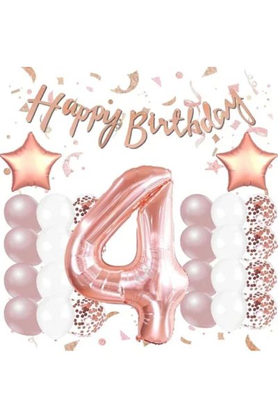 BALON DİYARI Rose Gold 4Th Birthday Celebration Set; White Gold Confetti Balloon, Number Star Foil and Banner