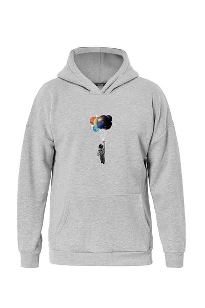 SOFTWAY Unisex Oversize Balloon Astronaut Printed Fleece Hooded Sweatshirt - Gray