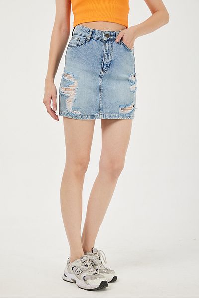 POODLE Fusta de damă cu talie înaltă ruptă, mini blugi, albastru denim