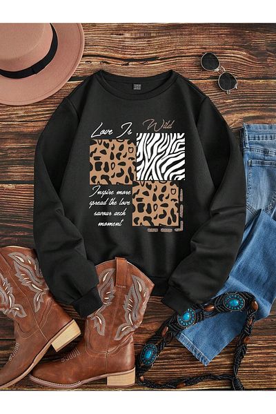PALPİTO Hanorac oversize cu decolteu rotund cu imprimeu Love Is Wild pentru femei