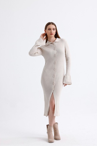 Get Crazy Μπεζ πλεκτό μίντι φόρεμα - γιακάς πόλο και λεπτομέρεια μανίκι με κουμπιά