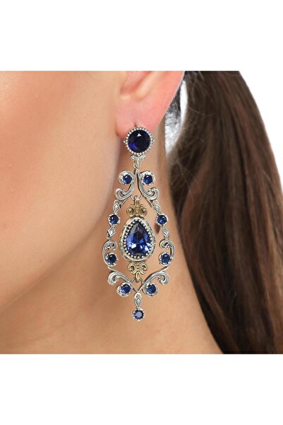 925 Ayar Gümüş ve Bronz Karışımı Mavi Safir Taşlı Otantik Küpe