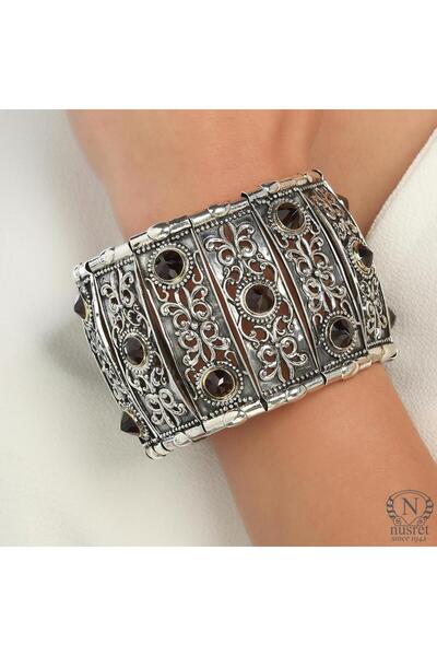 Nusret Takı 925 Ayar Gümüş Garnet Taşlı Paftalı Antik Bizans Bileklik