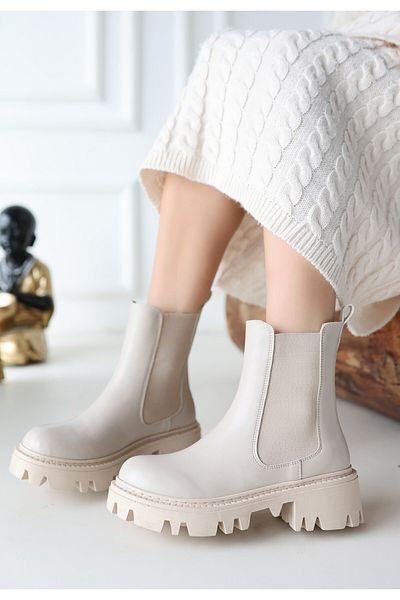 BESKAR Δερμάτινες μπότες με τακούνι Ninle Beige
