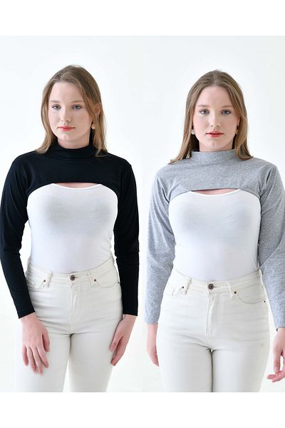 mirach Plus Size Black and Gray Bodysuit Set - Combed Cotton Lingerie Sleeves with Neck Collar and Long Sleeves