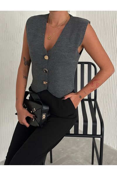 YUSUF CAN KARATAŞ KARATAŞ GİYİM Smoke Colored V-Neck Knitwear Vest - Buttoned, Standard Fit, Smlxl Compatible
