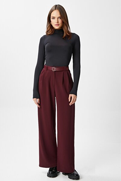 Ritnice Kadın Rena Kemerli Likralı Bordo Palazzo Pantolon