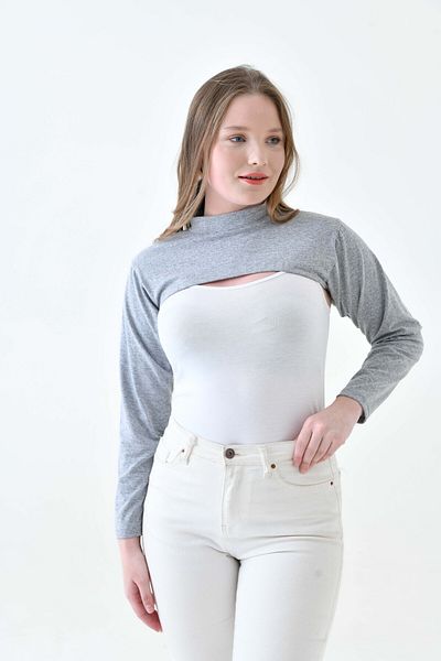 mirach Plus Size Black and Gray Bodysuit Set - Combed Cotton Lingerie Sleeves with Neck Collar and Long Sleeves