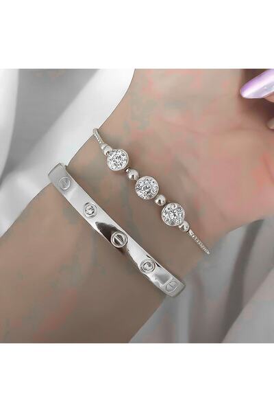 X-Lady Accessories Gümüş Renk Kombin Bileklik Seti Kelepçe Taşlı Bileklik Ve ...