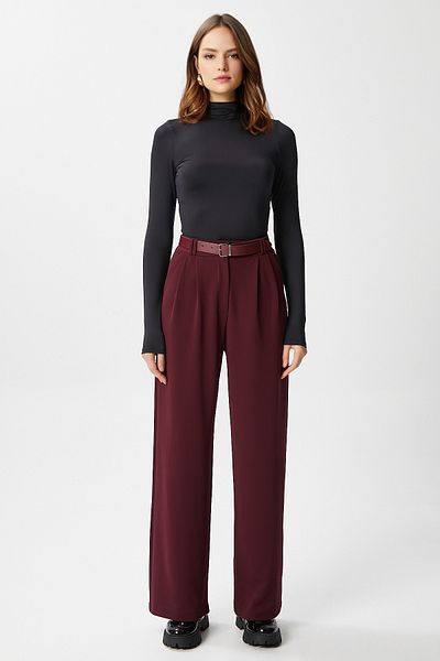 Ritnice Women's Rena Belted Lycra Burgundy Palazzo Trousers