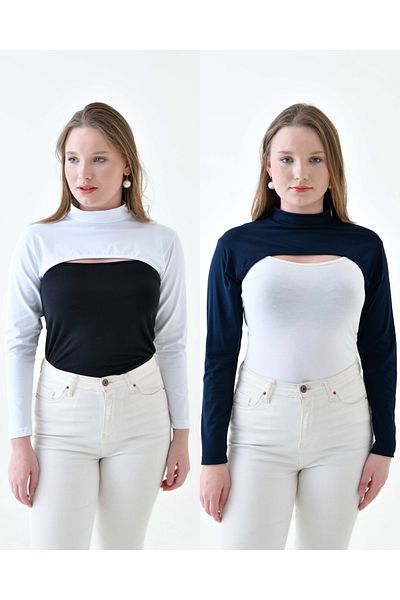 mirach Set of 2 Plus Size Neck Collar Oversleeve Navy and White Body Long Sleeve Combed Cotton Underwear Sleeve