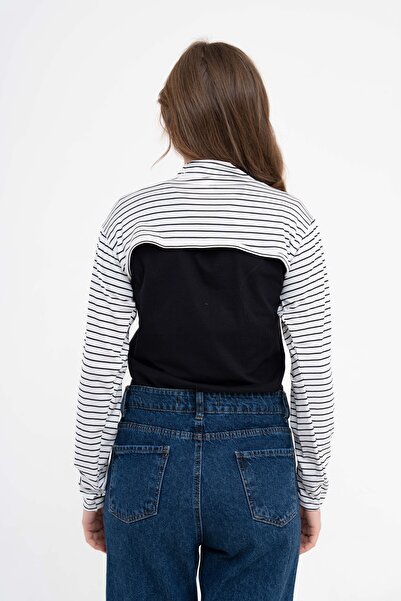 mirach Σετ 2 ριγέ μανίκια γιακά ασπρόμαυρο σώμα μακρυμάνικο χτενισμένο βαμβακερό μανίκι εσωρούχων