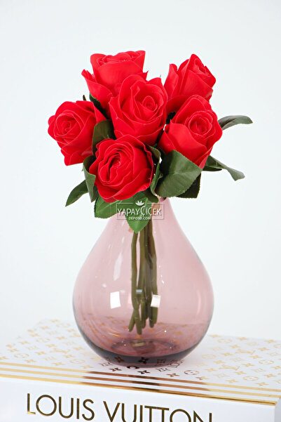 Yapay Çiçek Deposu باقة ورد صناعي فاخر 6 قطع 28 سم أحمر