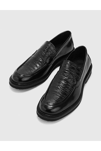 İLVİ Uppsala Genuine Printed Leather Men's Black Loafer Shoes