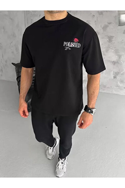 JANES Tricou oversize cu imprimeu unisex cu guler rotund - negru