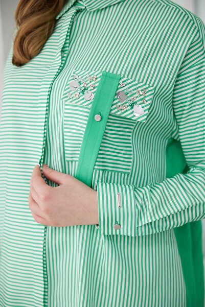 Moodbasic Cebi Pullu Çizgili Gömlek - Yeşil