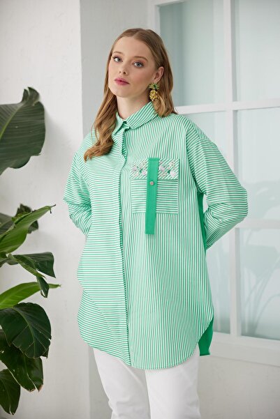 Moodbasic Cebi Pullu Çizgili Gömlek - Yeşil