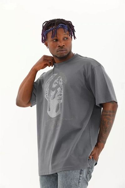 Kokosh moda Καπνιστό Unisex Oversize Μπλουζάκι με Λεπτομέρεια από Πέτρα με λαιμόκοψη